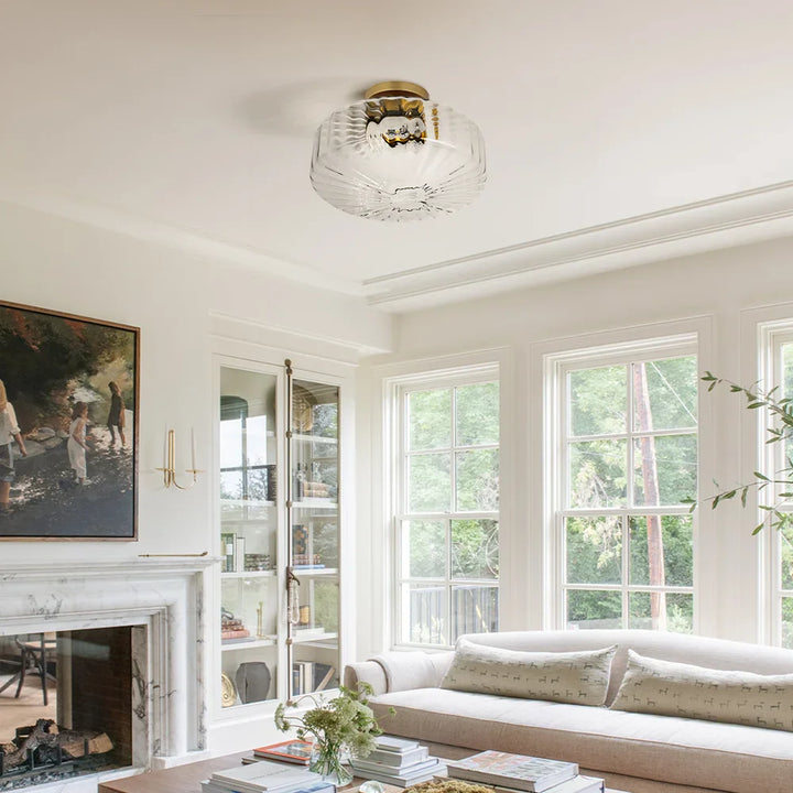 Rowena Modern Round Ribbed Glass Brass Ceiling Light | Ping ...